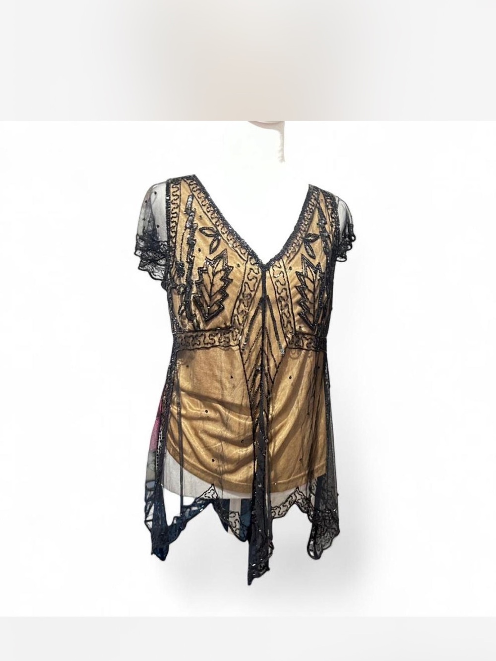 Scala Black Beaded Sheer Overlay Top with Gold Underlay